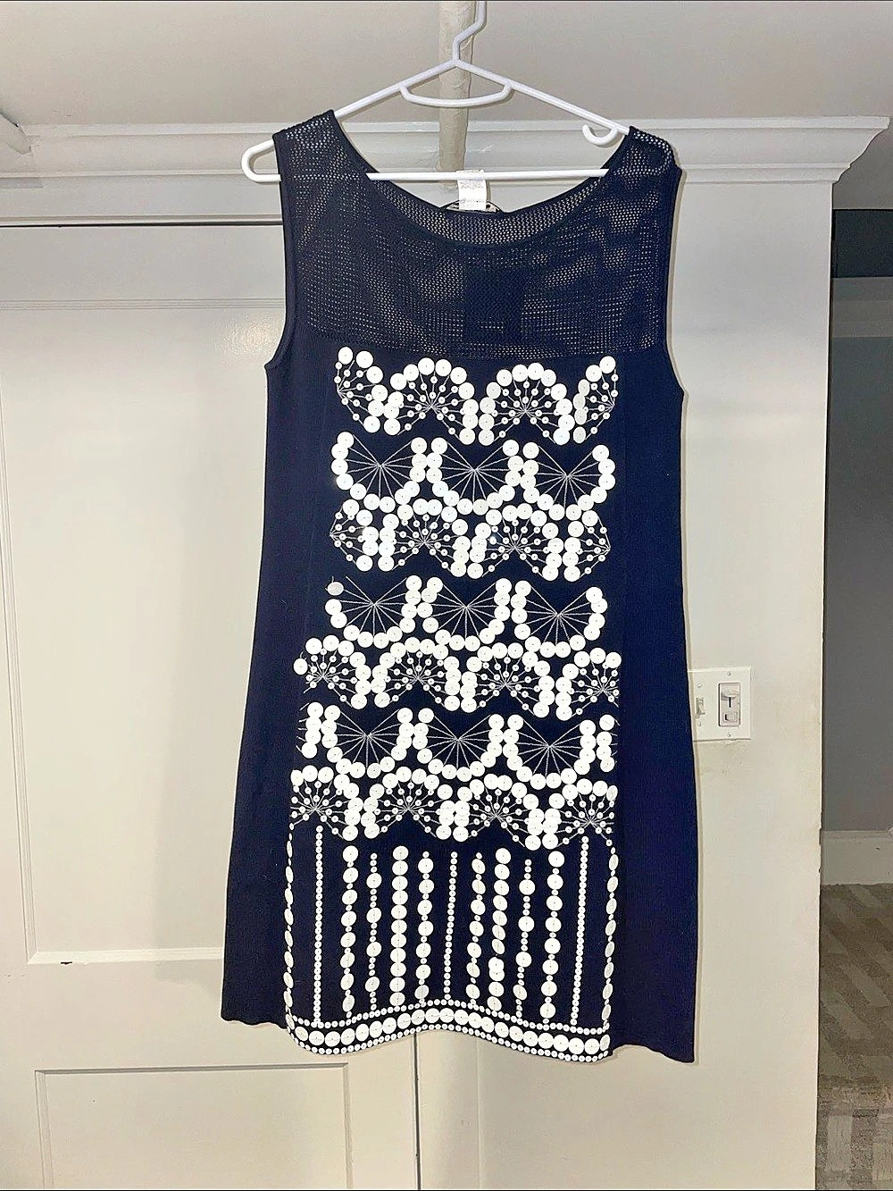 NWT Nanette Lepore Comic Book Dress Geometric Mini Dress in Blue & White Size Lg